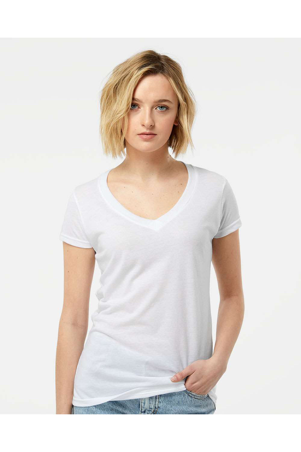 Tultex 244 Womens Poly-Rich Short Sleeve V-Neck T-Shirt White Model Front