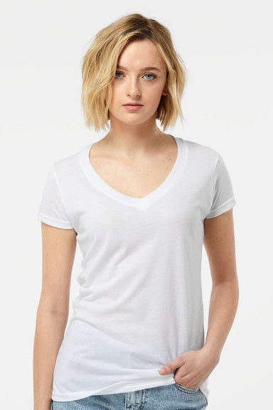 Tultex 244 Womens Poly-Rich Short Sleeve V-Neck T-Shirt White Model Front