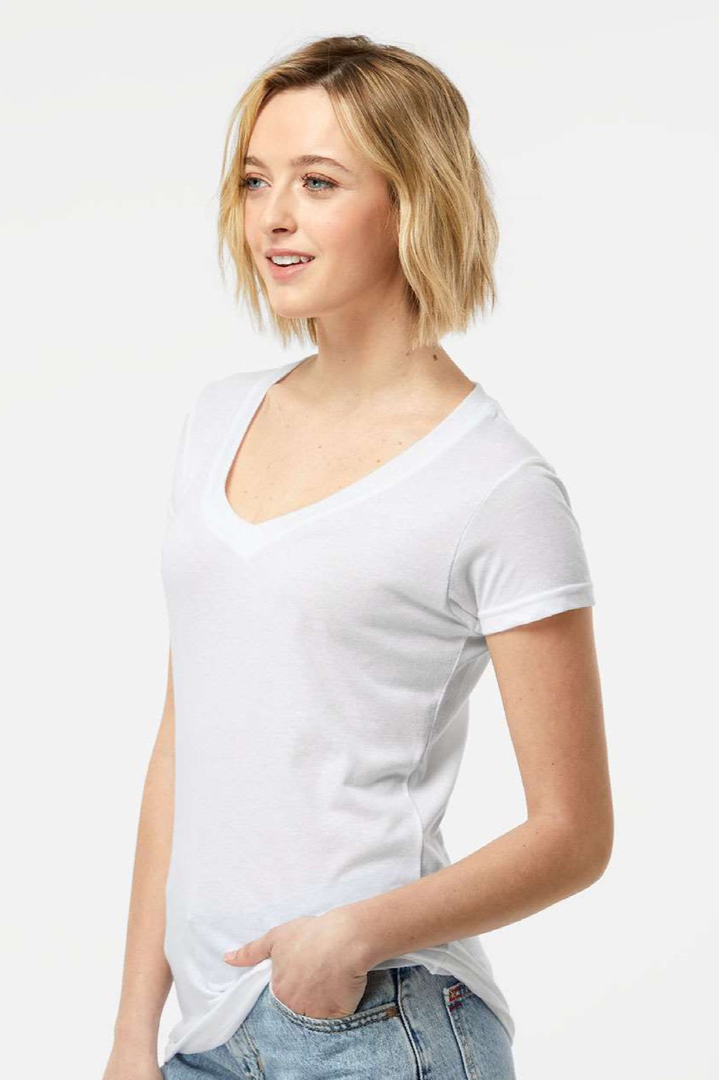 Tultex 244 Womens Poly-Rich Short Sleeve V-Neck T-Shirt White Model Side