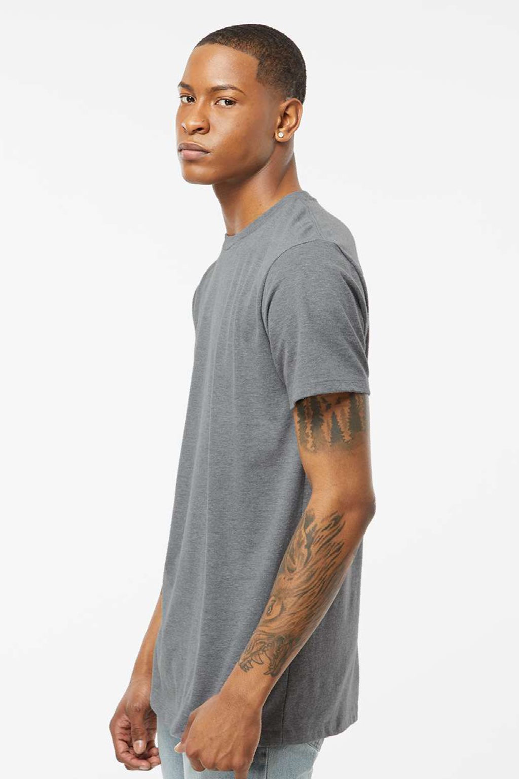 Tultex 541 Mens Premium Short Sleeve Crewneck T-Shirt Heather Grey Model Side