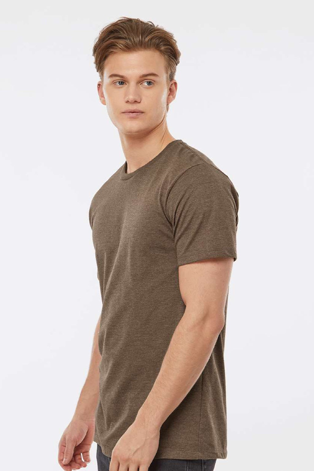 Tultex 541 Mens Premium Short Sleeve Crewneck T-Shirt Heather Brown Model Side
