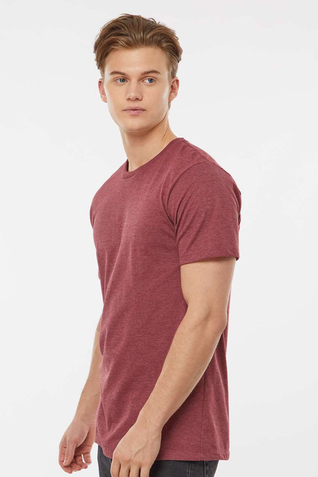 Tultex 541 Mens Premium Short Sleeve Crewneck T-Shirt Heather Burgundy Model Side