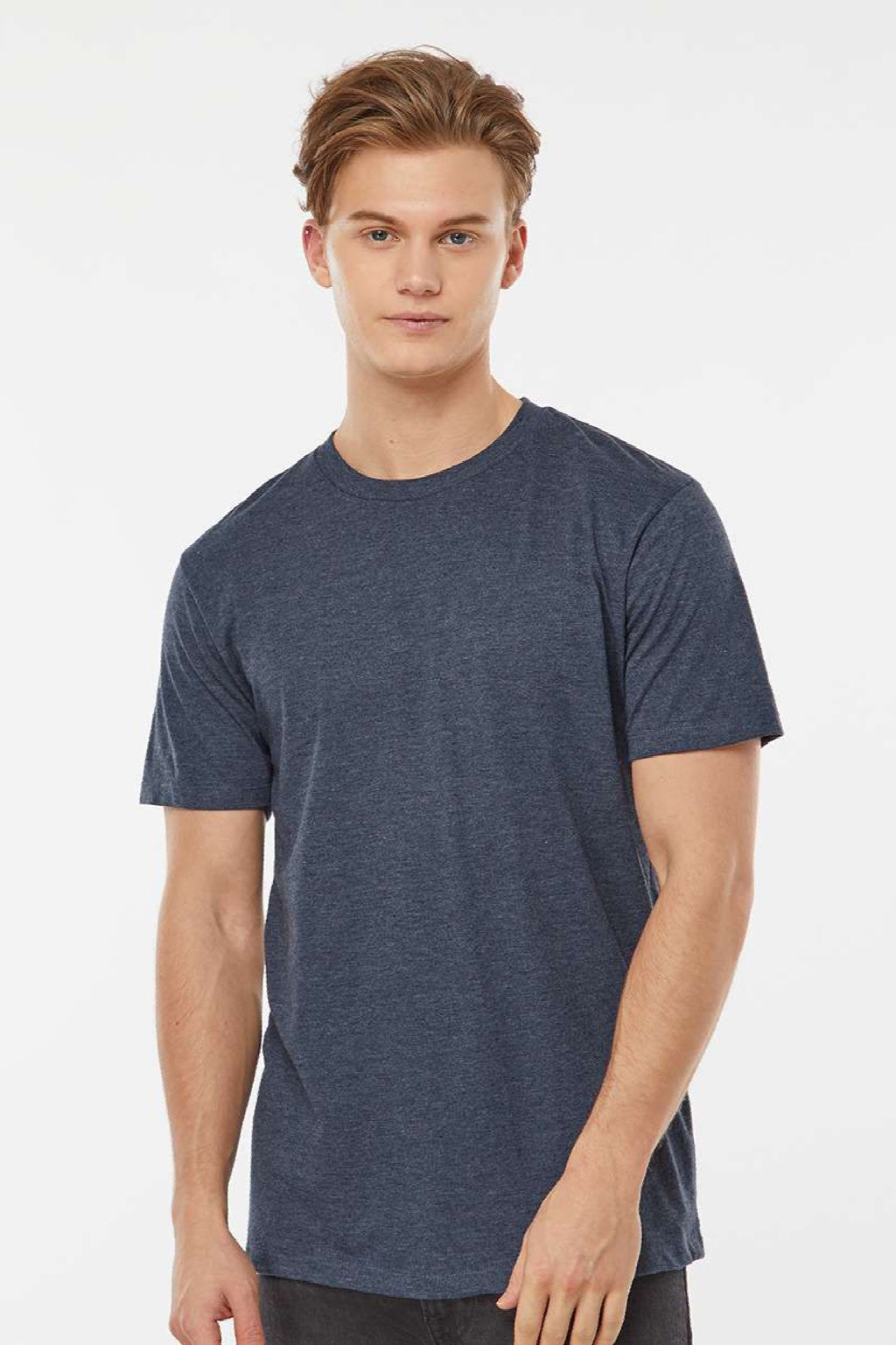 Tultex 541 Mens Premium Short Sleeve Crewneck T-Shirt Heather Navy Blue Model Front