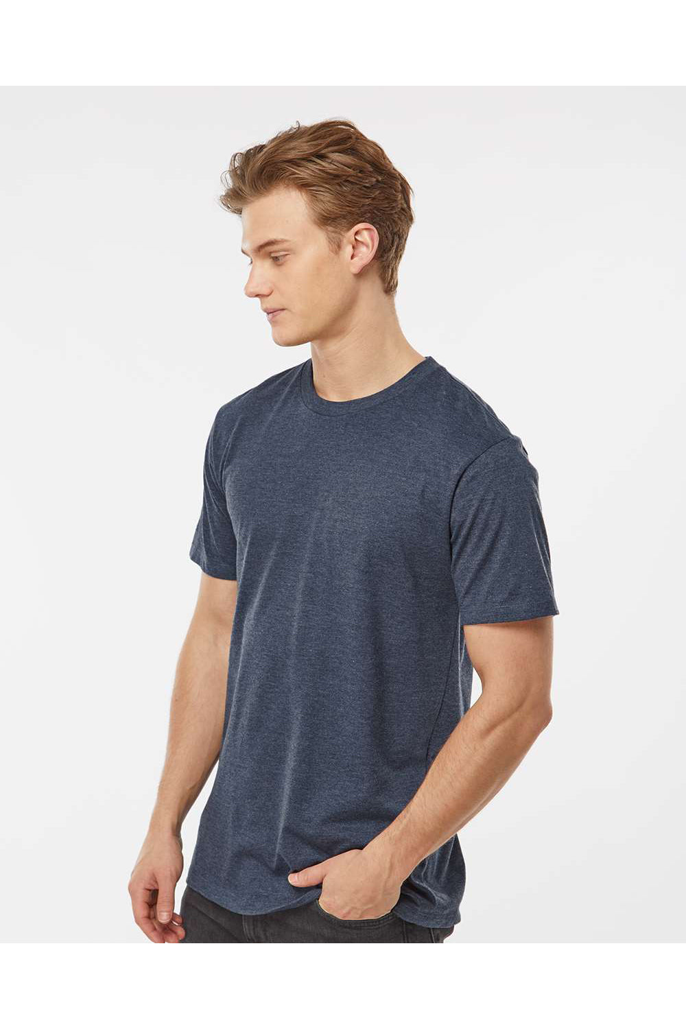 Tultex 541 Mens Premium Short Sleeve Crewneck T-Shirt Heather Navy Blue Model Side
