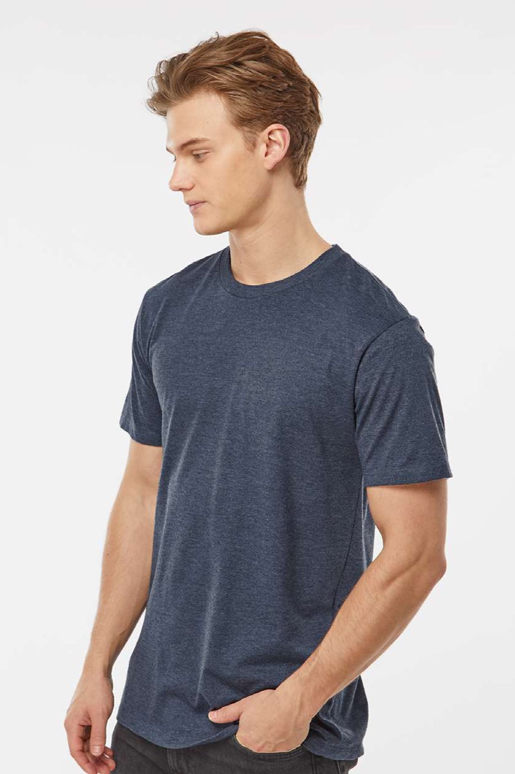 Tultex 541 Mens Premium Short Sleeve Crewneck T-Shirt Heather Navy Blue Model Side