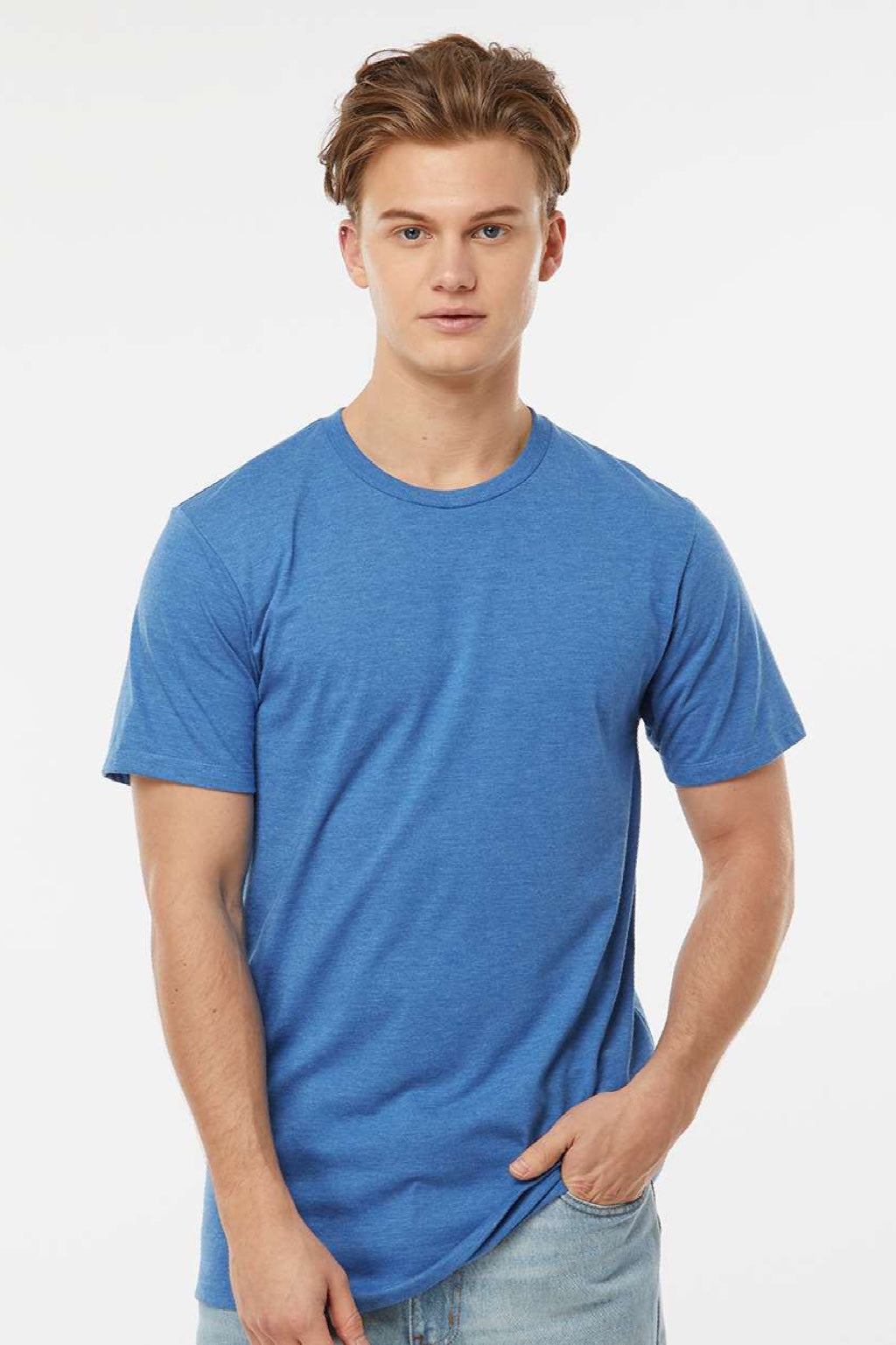 Tultex 541 Mens Premium Short Sleeve Crewneck T-Shirt Heather Royal Blue Model Front
