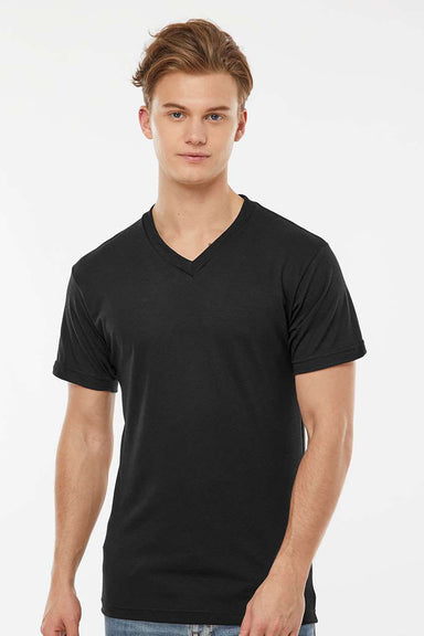 Tultex 207 Mens Poly-Rich Short Sleeve V-Neck T-Shirt Black Model Front