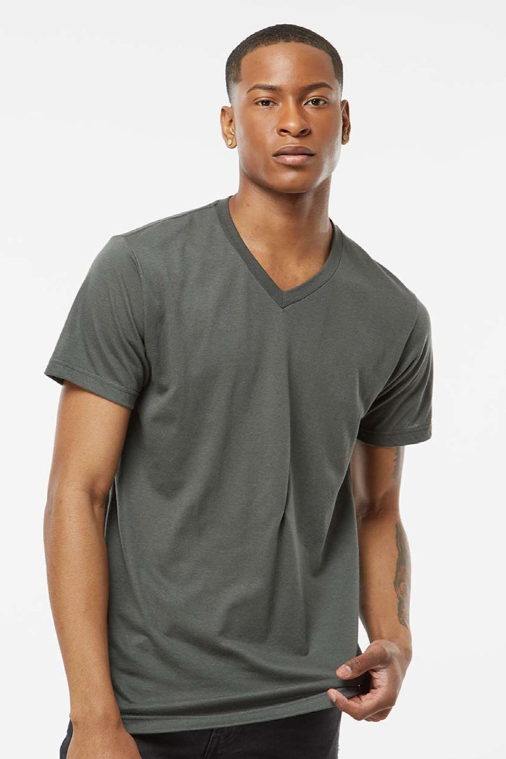 Tultex 207 Mens Poly-Rich Short Sleeve V-Neck T-Shirt Charcoal Grey Model Front