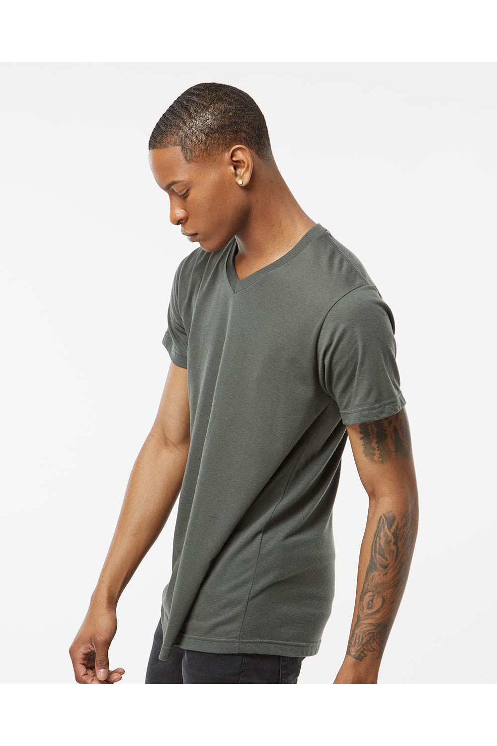 Tultex 207 Mens Poly-Rich Short Sleeve V-Neck T-Shirt Charcoal Grey Model Side