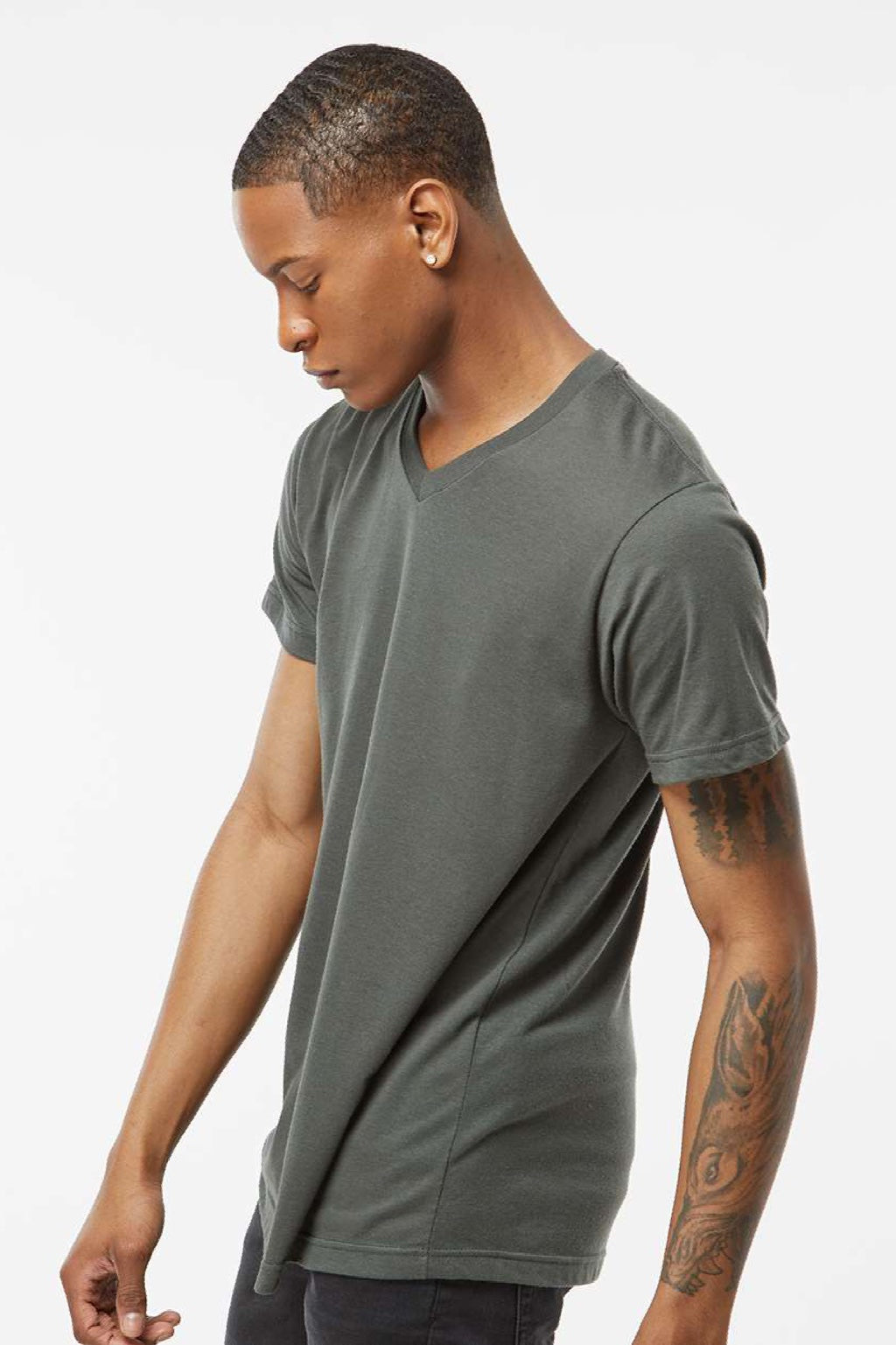Tultex 207 Mens Poly-Rich Short Sleeve V-Neck T-Shirt Charcoal Grey Model Side