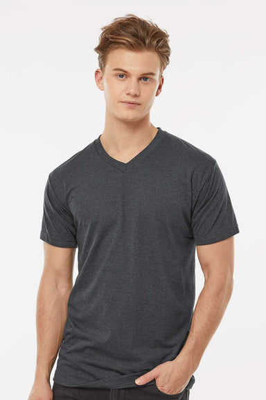 Tultex 207 Mens Poly-Rich Short Sleeve V-Neck T-Shirt Heather Charcoal Grey Model Front