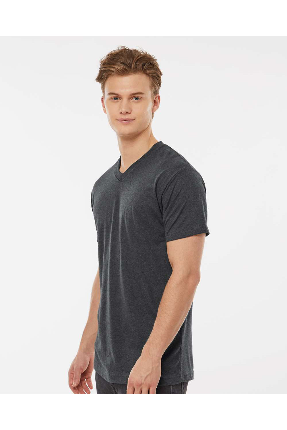 Tultex 207 Mens Poly-Rich Short Sleeve V-Neck T-Shirt Heather Charcoal Grey Model Side