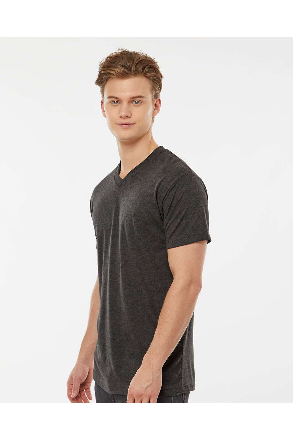 Tultex 207 Mens Poly-Rich Short Sleeve V-Neck T-Shirt Heather Graphite Grey Model Side