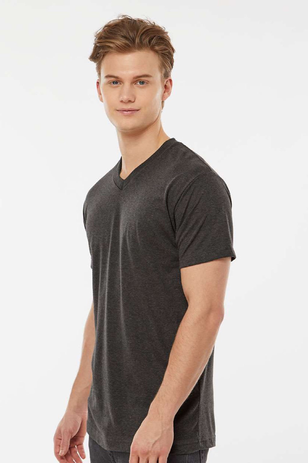 Tultex 207 Mens Poly-Rich Short Sleeve V-Neck T-Shirt Heather Graphite Grey Model Side