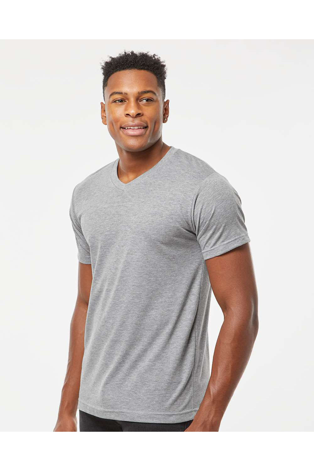 Tultex 207 Mens Poly-Rich Short Sleeve V-Neck T-Shirt Heather Grey Model Side