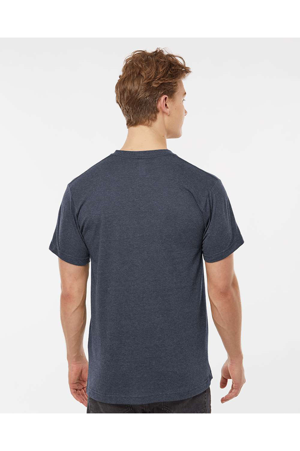 Tultex 207 Mens Poly-Rich Short Sleeve V-Neck T-Shirt Heather Navy Blue Model Back
