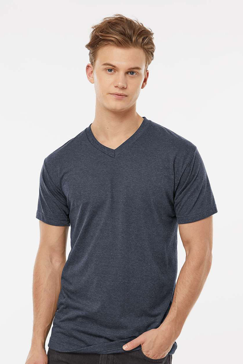Tultex 207 Mens Poly-Rich Short Sleeve V-Neck T-Shirt Heather Navy Blue Model Front