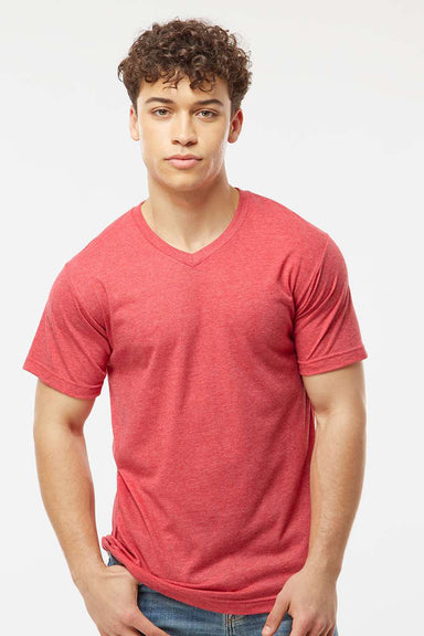 Tultex 207 Mens Poly-Rich Short Sleeve V-Neck T-Shirt Heather Red Model Front