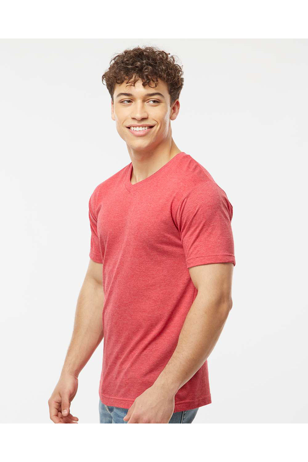 Tultex 207 Mens Poly-Rich Short Sleeve V-Neck T-Shirt Heather Red Model Side