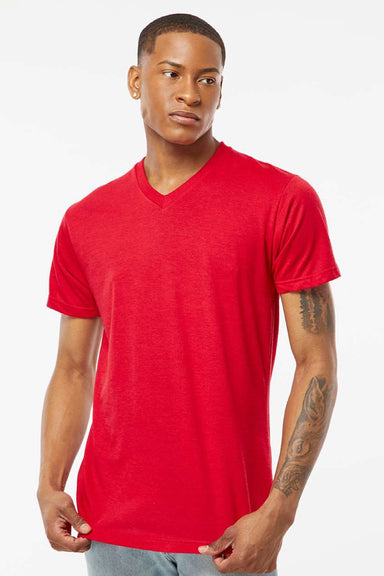 Tultex 207 Mens Poly-Rich Short Sleeve V-Neck T-Shirt Red Model Front