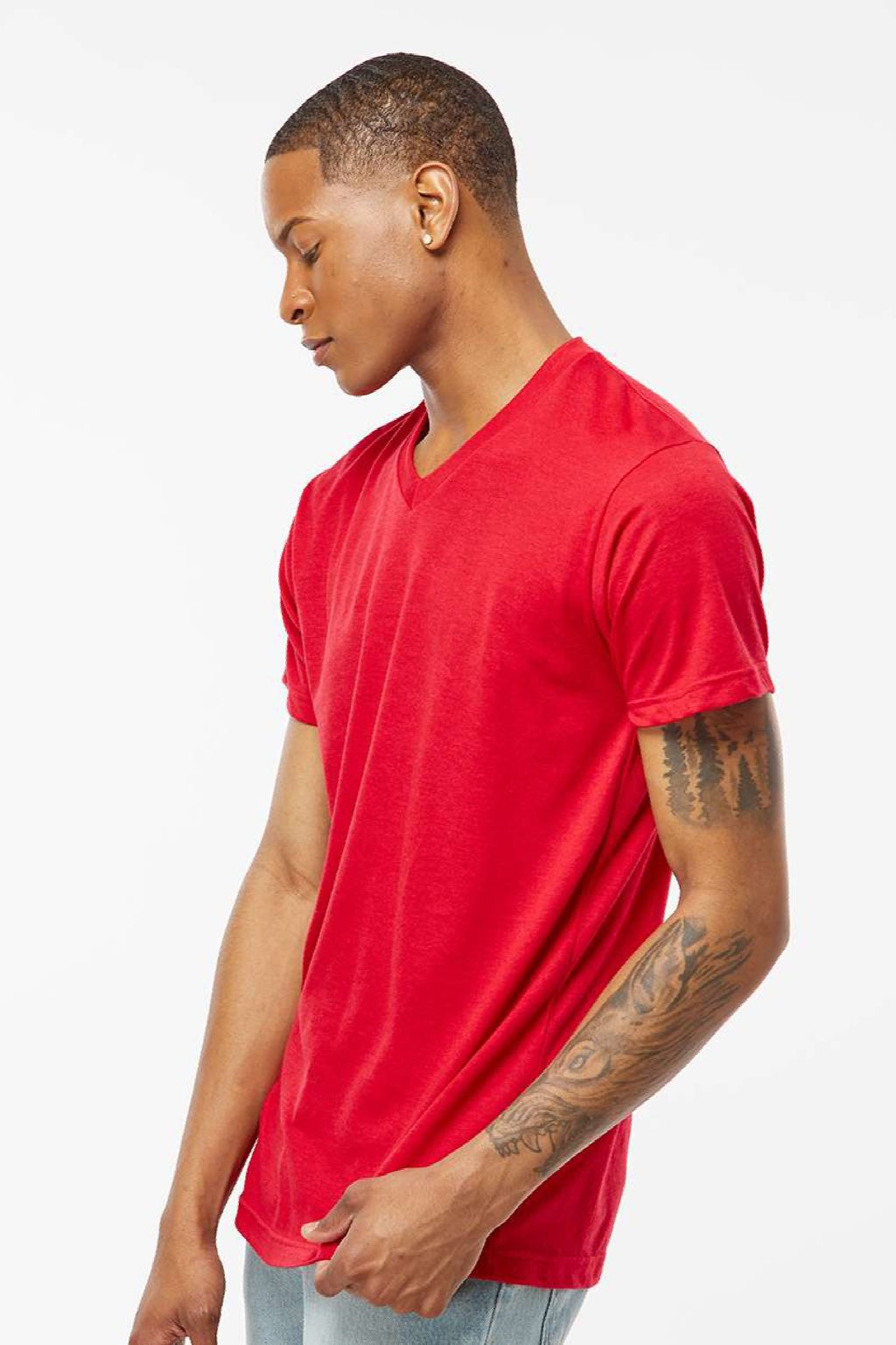 Tultex 207 Mens Poly-Rich Short Sleeve V-Neck T-Shirt Red Model Side