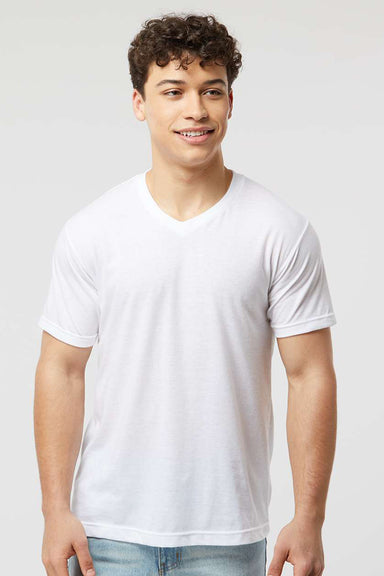 Tultex 207 Mens Poly-Rich Short Sleeve V-Neck T-Shirt White Model Front