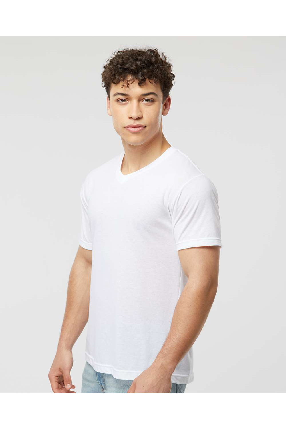 Tultex 207 Mens Poly-Rich Short Sleeve V-Neck T-Shirt White Model Side