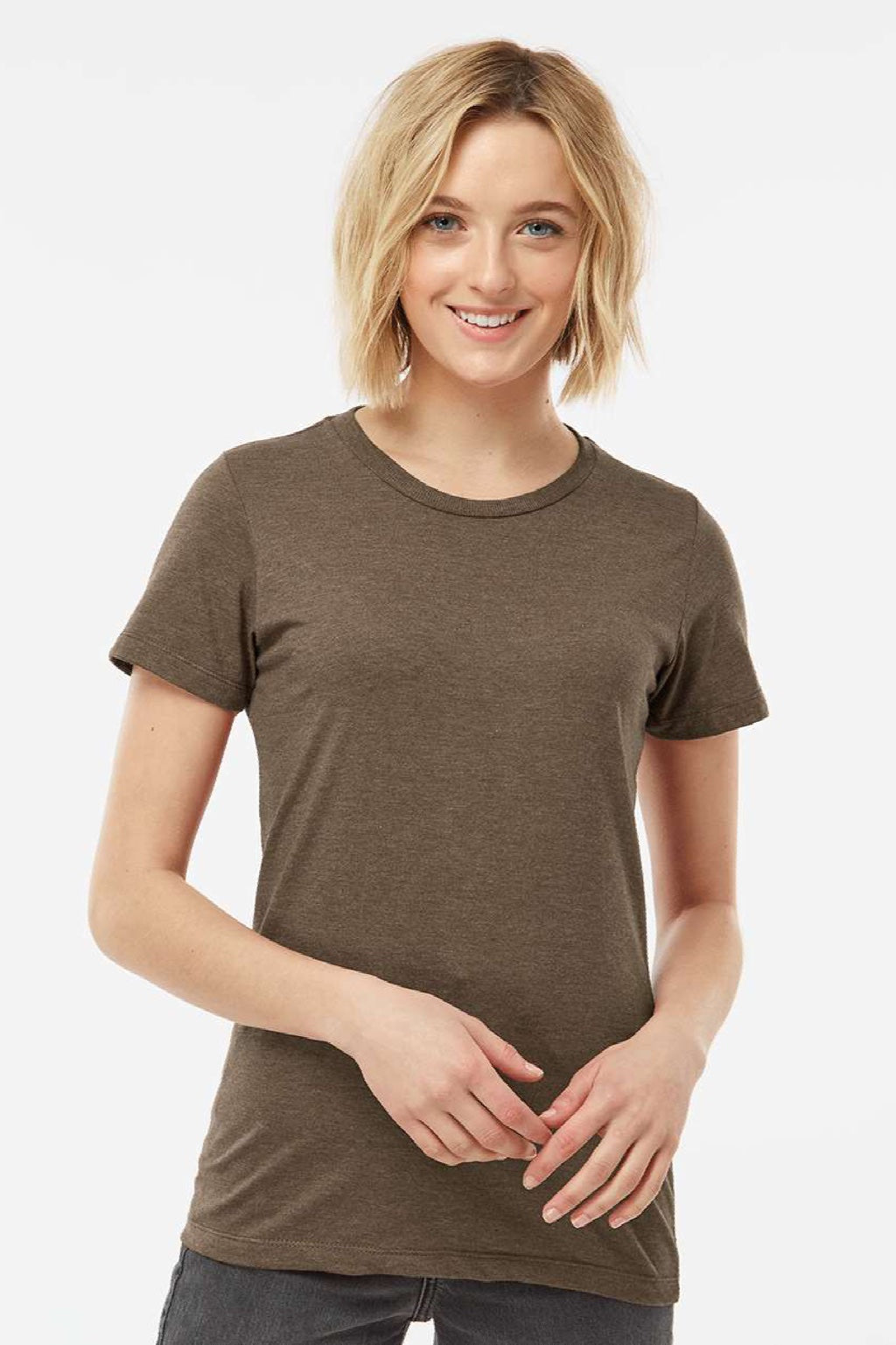 Tultex 542 Womens Premium Short Sleeve Crewneck T-Shirt Heather Brown Model Front
