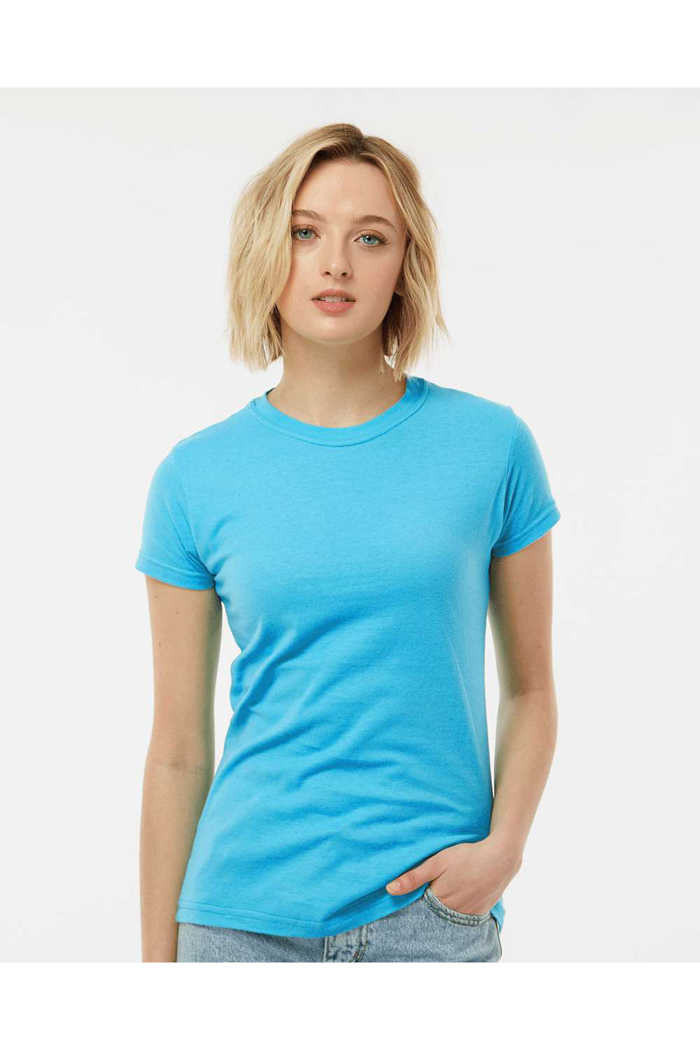 Tultex 213 Womens Fine Jersey Slim Fit Short Sleeve Crewneck T-Shirt Aqua Blue Model Front
