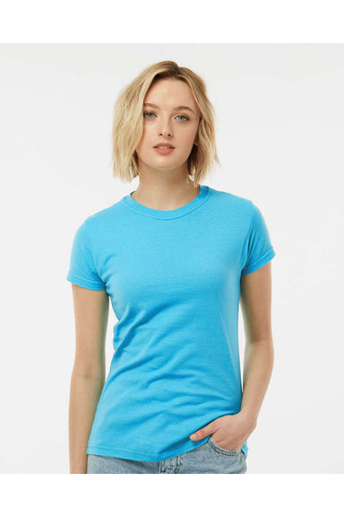 Tultex 213 Womens Fine Jersey Slim Fit Short Sleeve Crewneck T-Shirt Aqua Blue Model Front