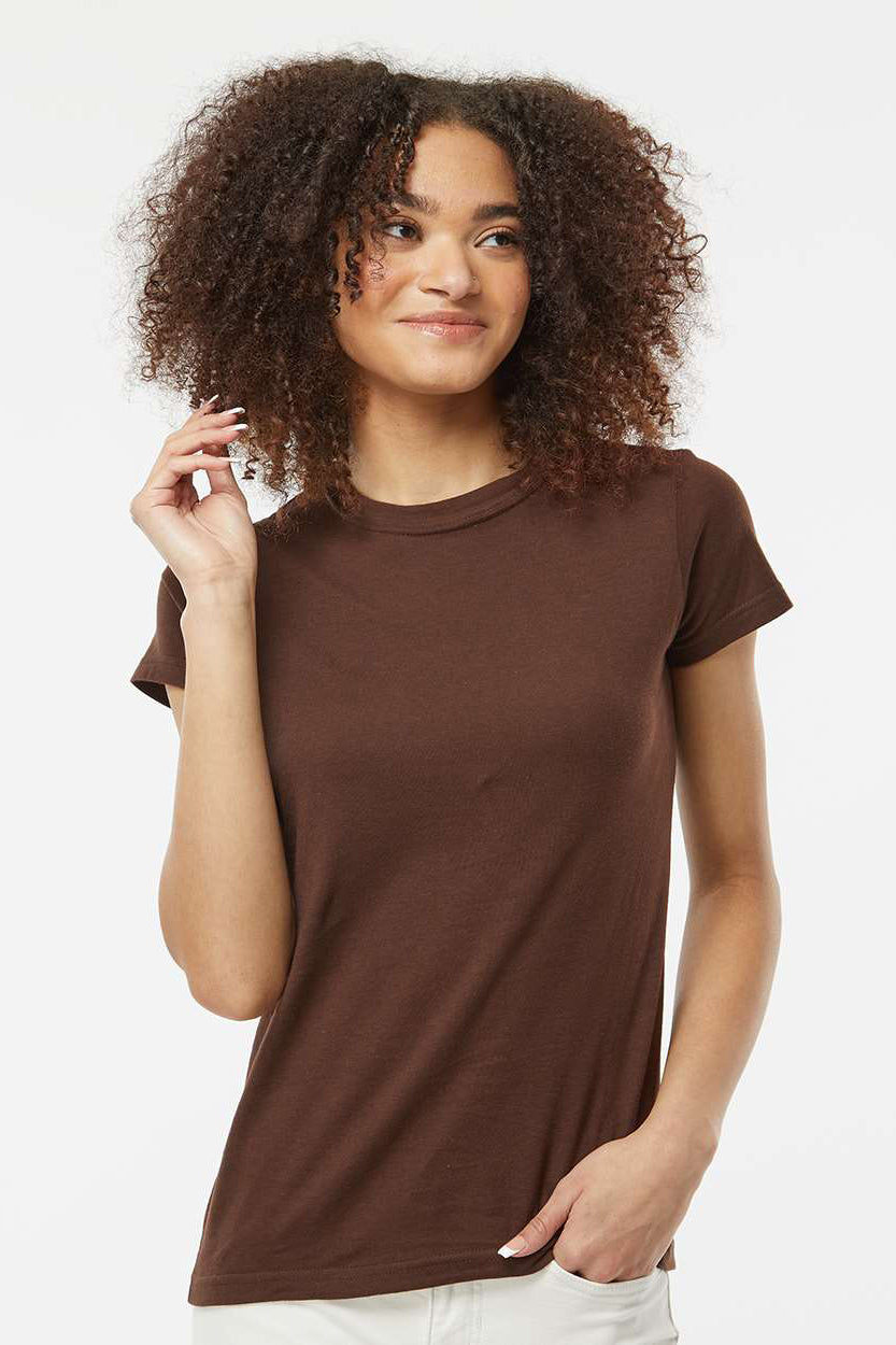 Tultex 213 Womens Fine Jersey Slim Fit Short Sleeve Crewneck T-Shirt Brown Model Front