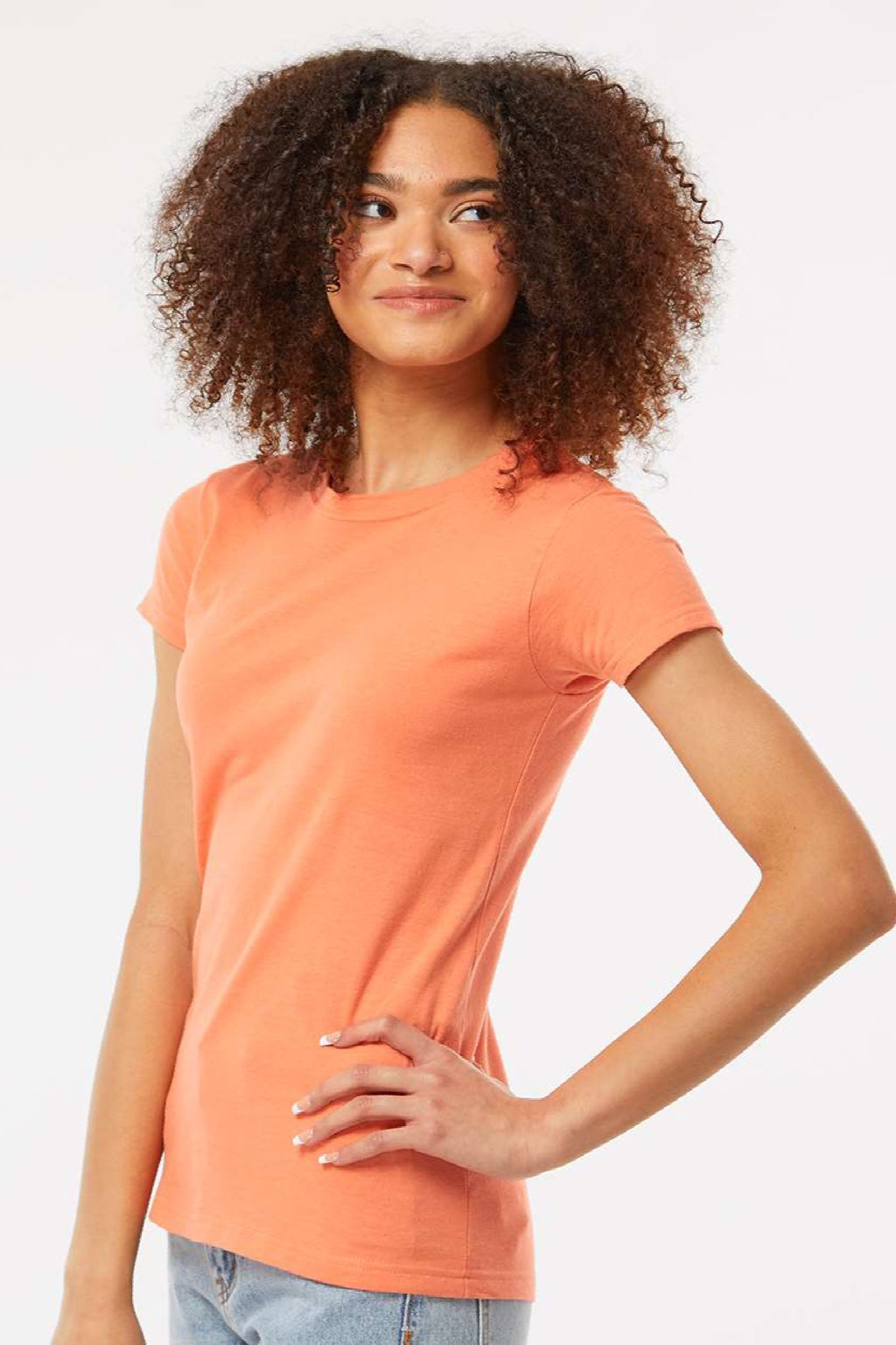 Tultex 213 Womens Fine Jersey Slim Fit Short Sleeve Crewneck T-Shirt Coral Orange Model Side