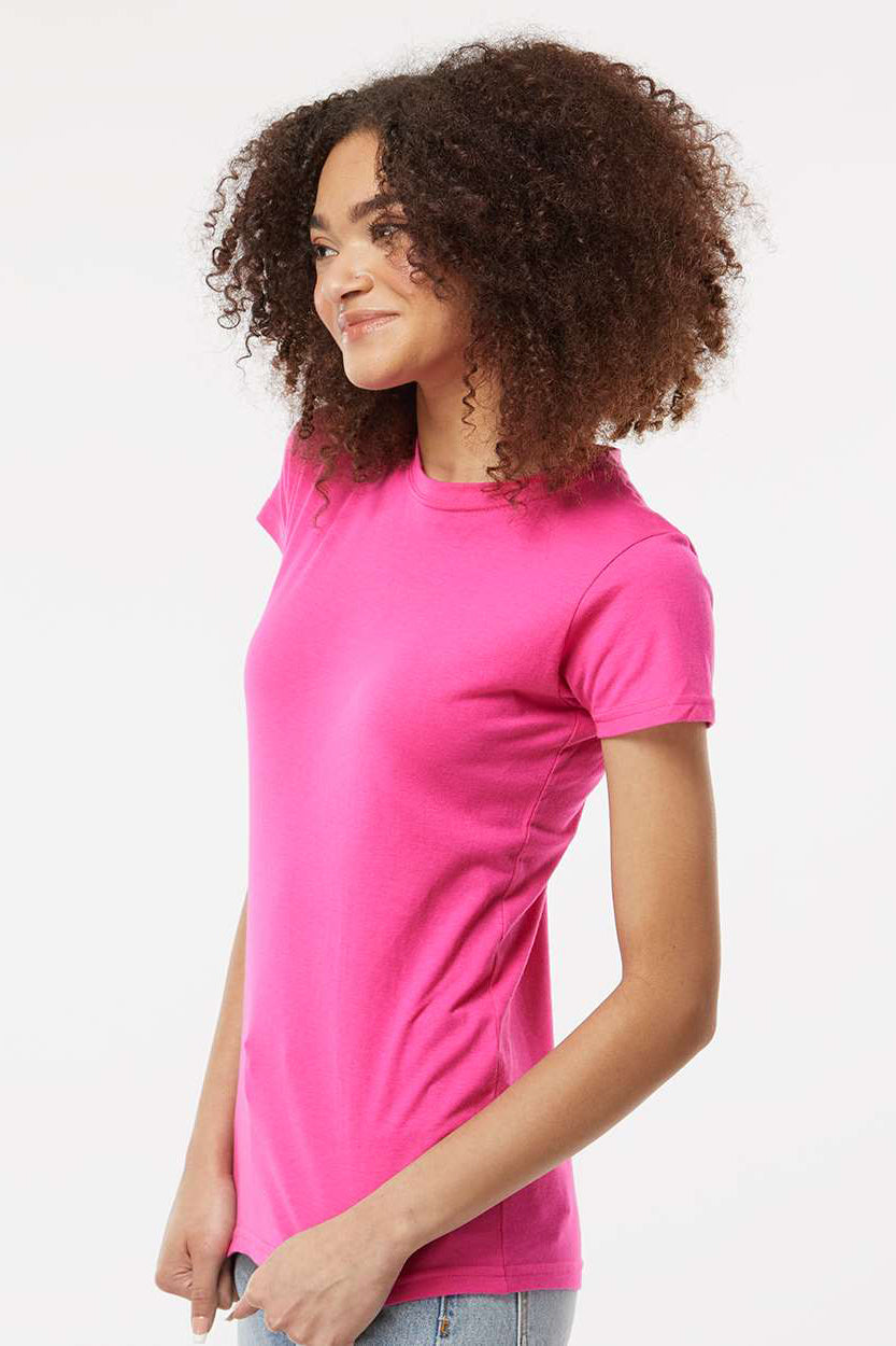 Tultex 213 Womens Fine Jersey Slim Fit Short Sleeve Crewneck T-Shirt Fuchsia Pink Model Side