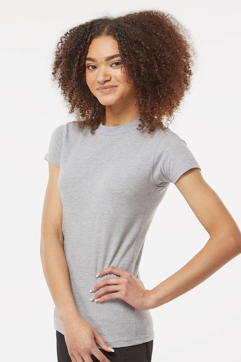 Tultex 213 Womens Fine Jersey Slim Fit Short Sleeve Crewneck T-Shirt Heather Grey Model Side