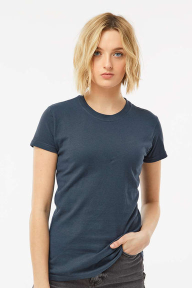 Tultex 213 Womens Fine Jersey Slim Fit Short Sleeve Crewneck T-Shirt Indigo Blue Model Front