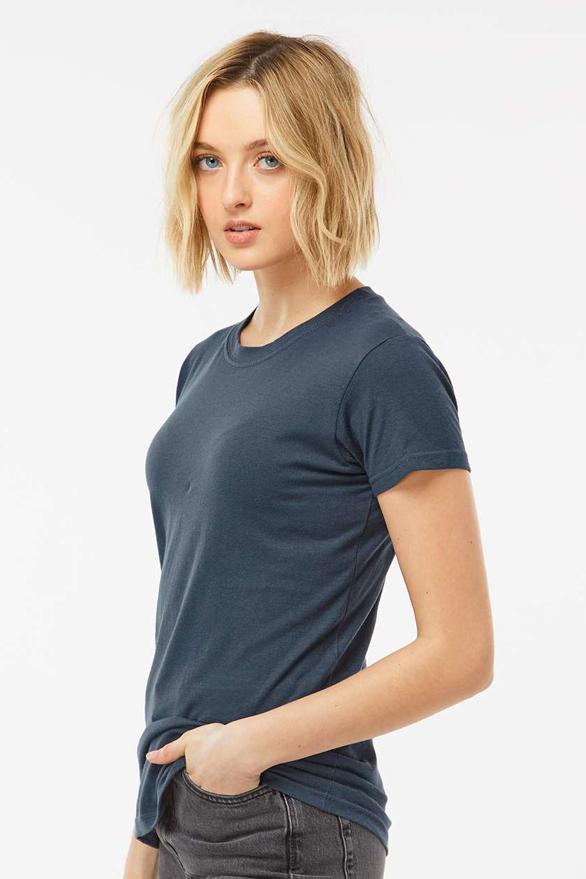 Tultex 213 Womens Fine Jersey Slim Fit Short Sleeve Crewneck T-Shirt Indigo Blue Model Side