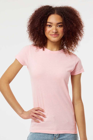 Tultex 213 Womens Fine Jersey Slim Fit Short Sleeve Crewneck T-Shirt Pink Model Front