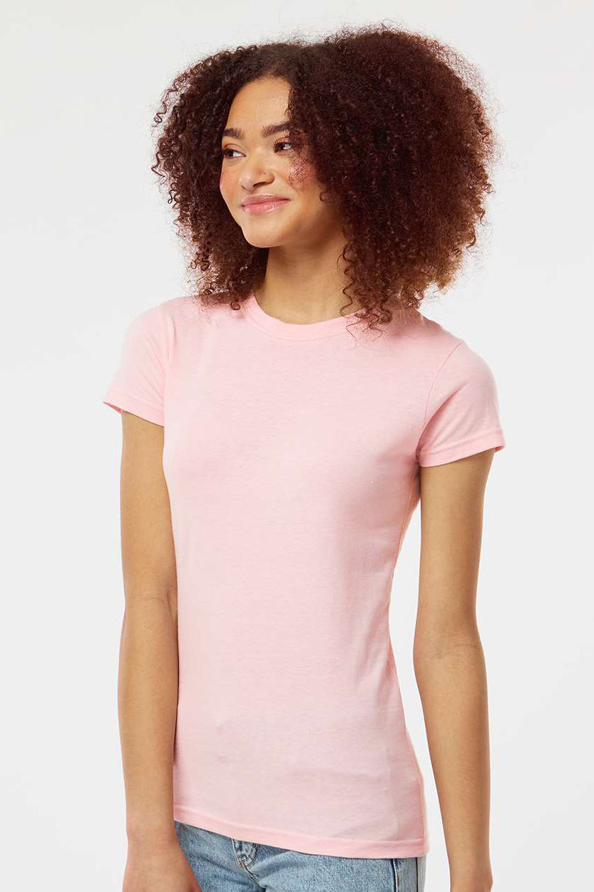 Tultex 213 Womens Fine Jersey Slim Fit Short Sleeve Crewneck T-Shirt Pink Model Side