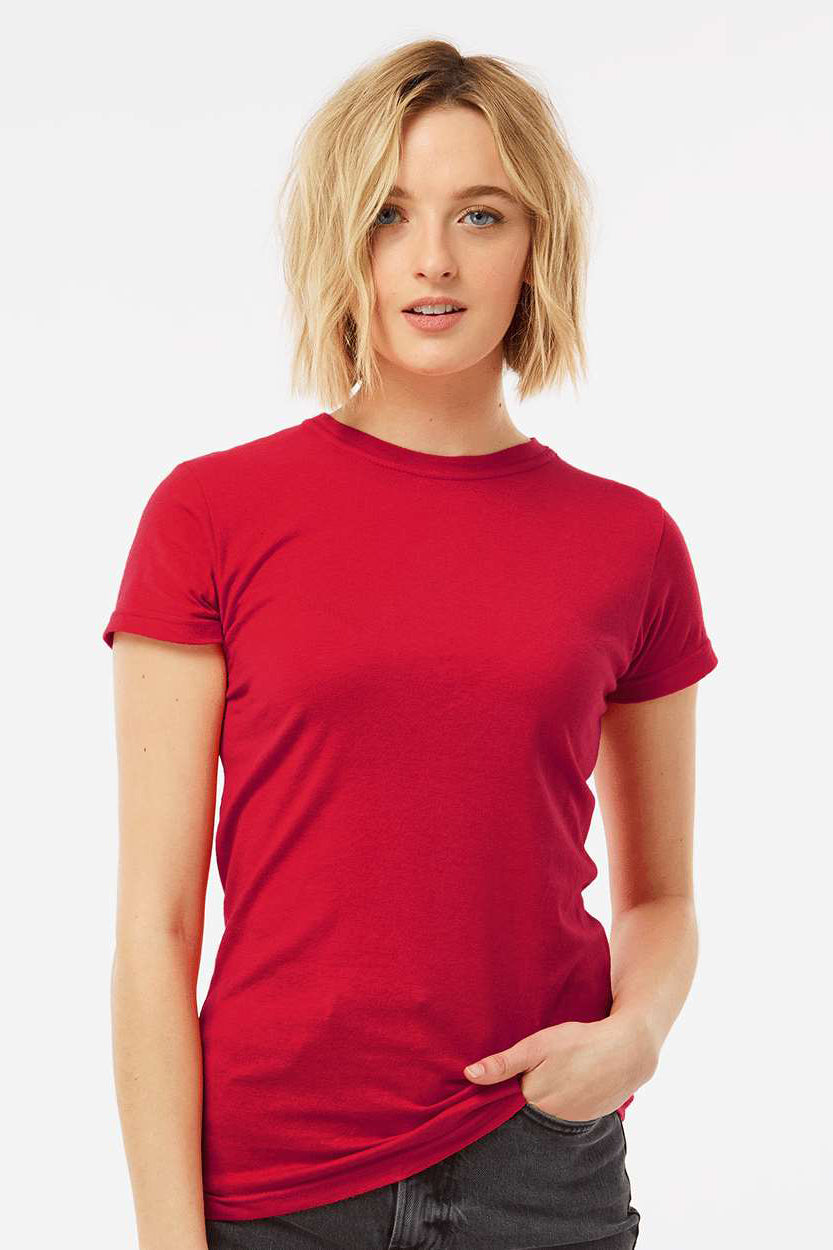 Tultex 213 Womens Fine Jersey Slim Fit Short Sleeve Crewneck T-Shirt Red Model Front