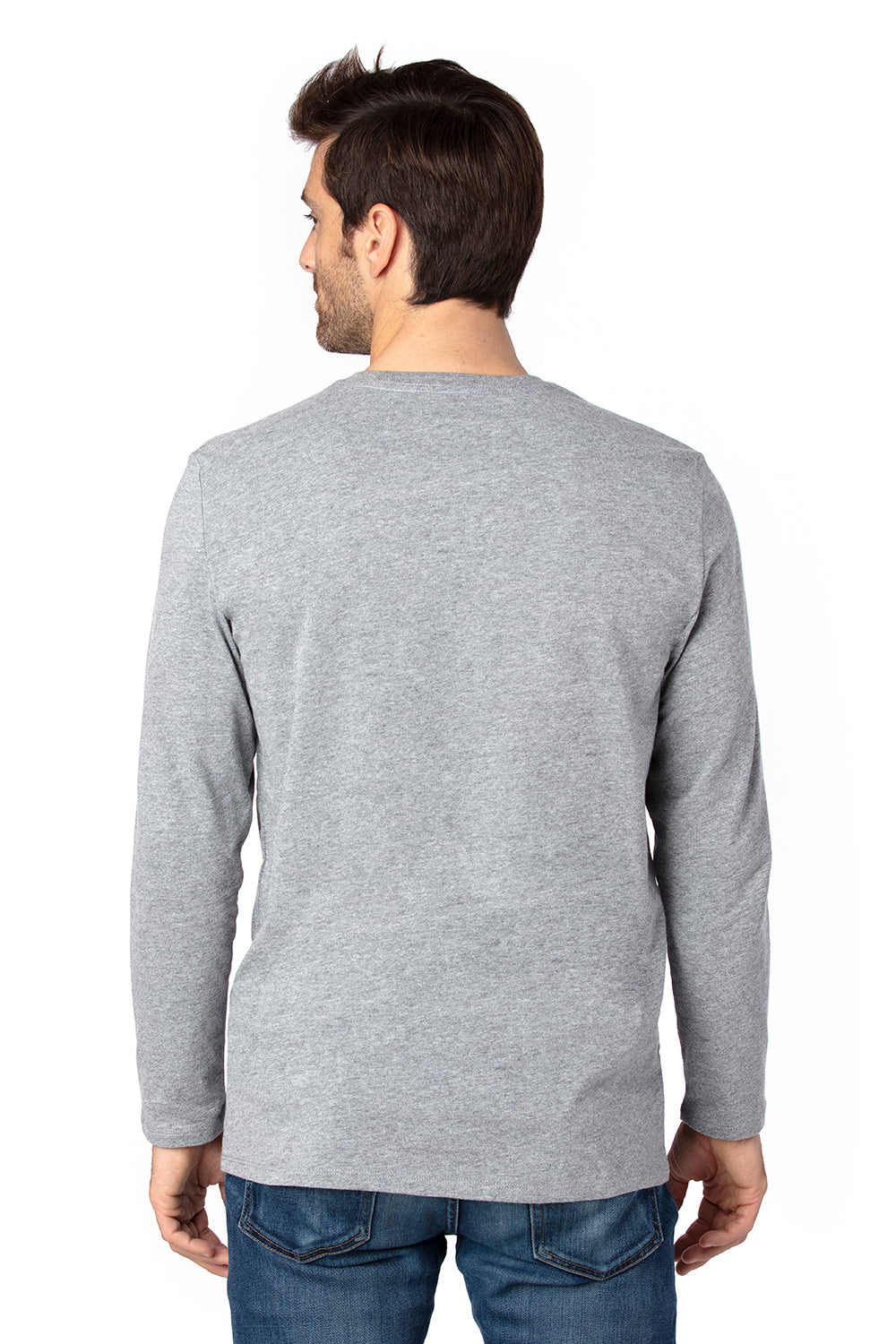 Threadfast Apparel 100LS Mens Ultimate Long Sleeve Crewneck T-Shirt Heather Grey Model Back