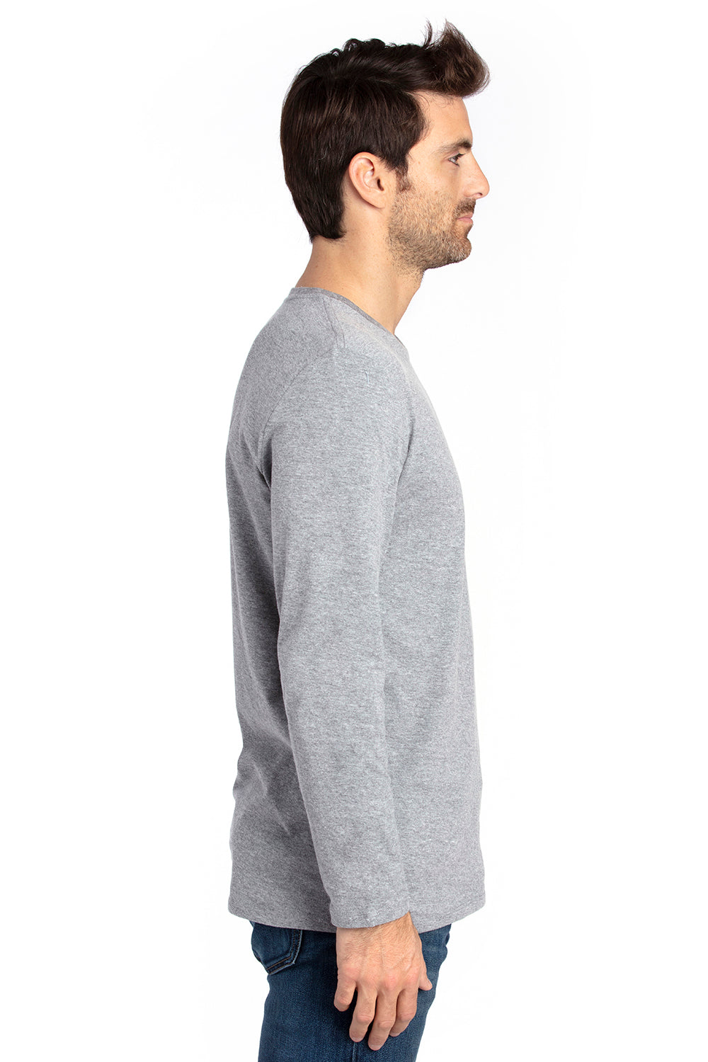 Threadfast Apparel 100LS Mens Ultimate Long Sleeve Crewneck T-Shirt Heather Grey Model Side