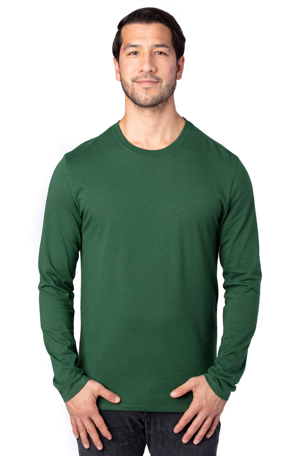 Threadfast Apparel 100LS Mens Ultimate Long Sleeve Crewneck T-Shirt Forest Green Model Front
