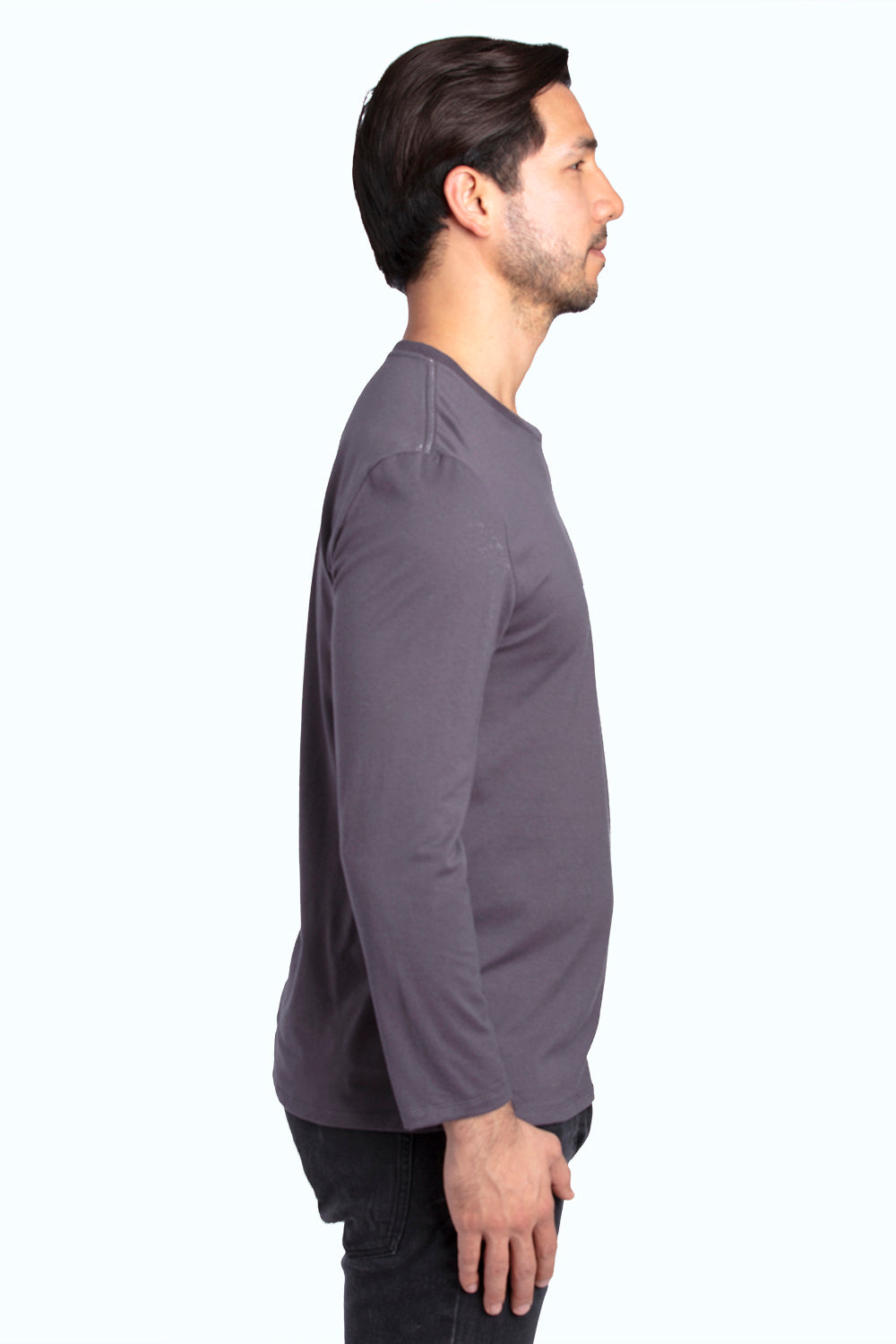 Threadfast Apparel 100LS Mens Ultimate Long Sleeve Crewneck T-Shirt Graphite Grey Model Side