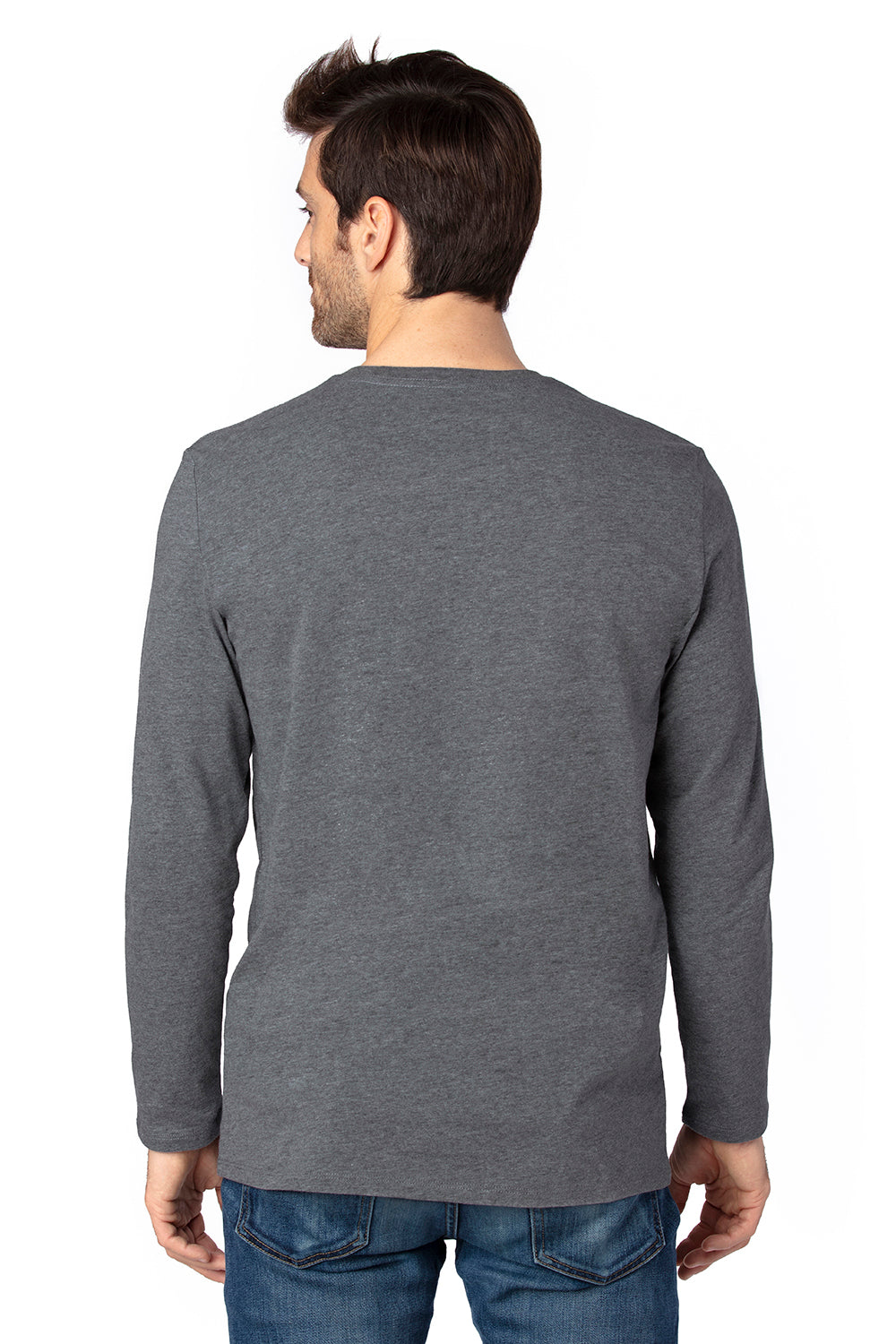 Threadfast Apparel 100LS Mens Ultimate Long Sleeve Crewneck T-Shirt Heather Charcoal Grey Model Back