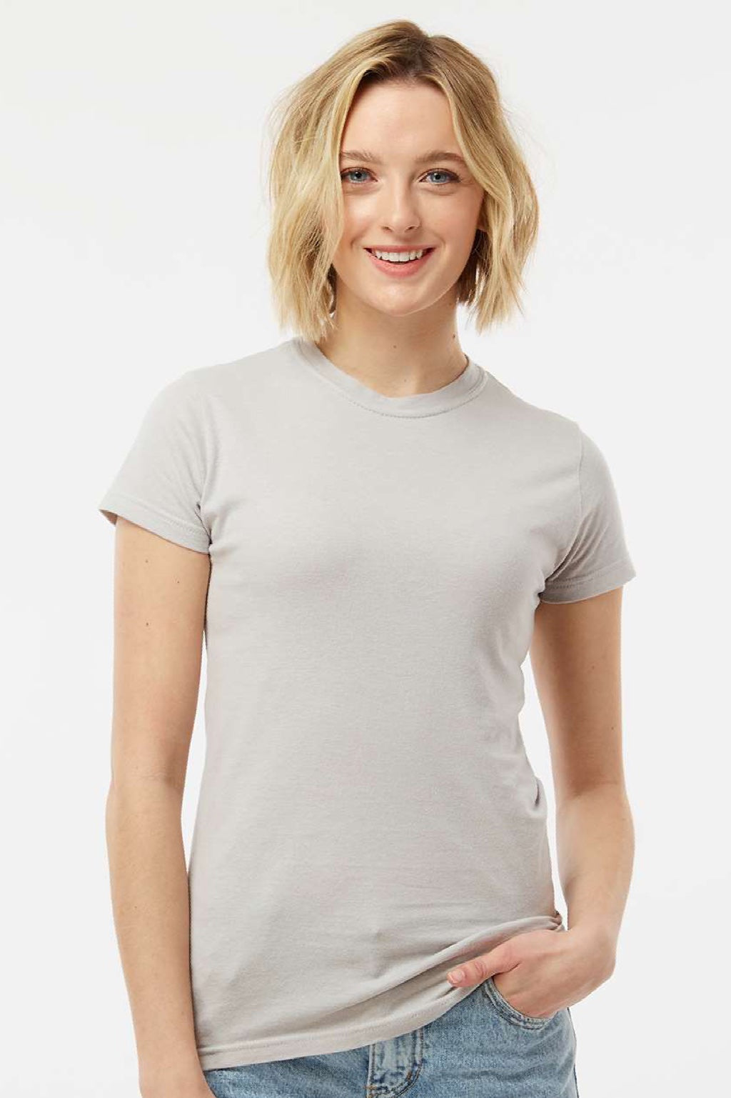 Tultex 213 Womens Fine Jersey Slim Fit Short Sleeve Crewneck T-Shirt Silver Grey Model Front