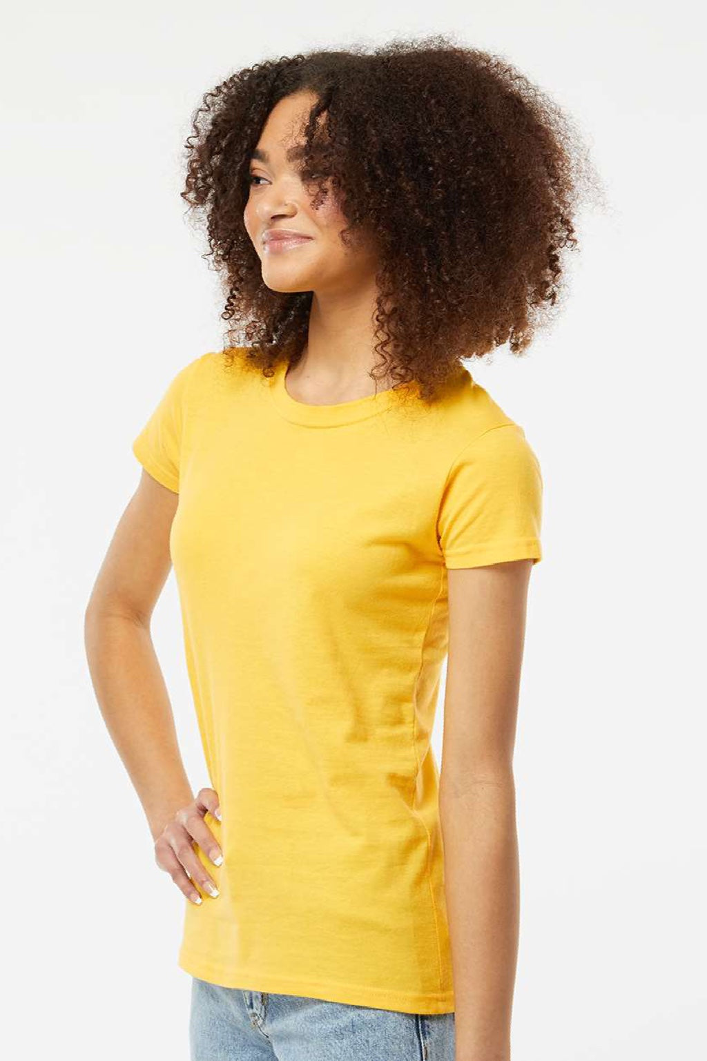 Tultex 213 Womens Fine Jersey Slim Fit Short Sleeve Crewneck T-Shirt Sunshine Yellow Model Side