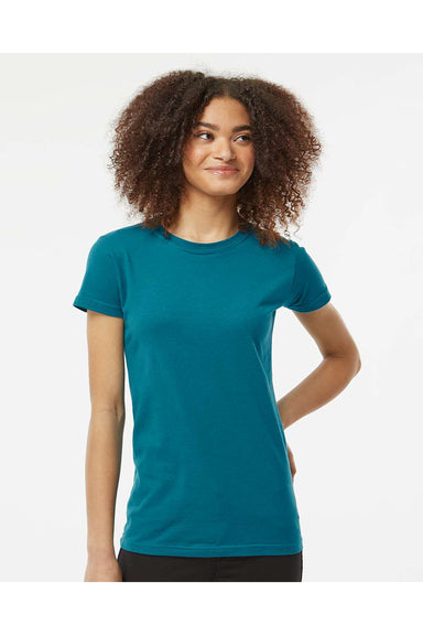 Tultex 213 Womens Fine Jersey Slim Fit Short Sleeve Crewneck T-Shirt Teal Blue Model Front