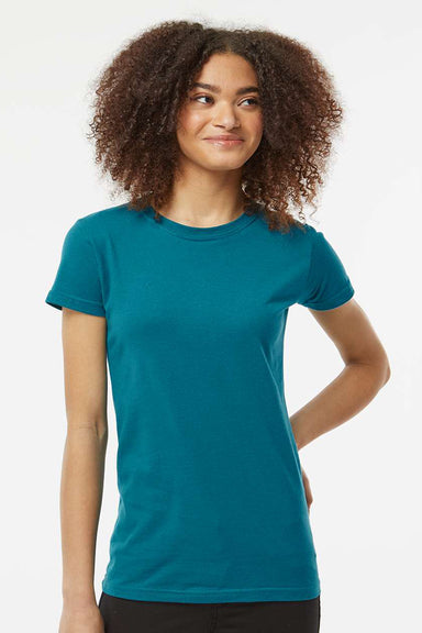 Tultex 213 Womens Fine Jersey Slim Fit Short Sleeve Crewneck T-Shirt Teal Blue Model Front