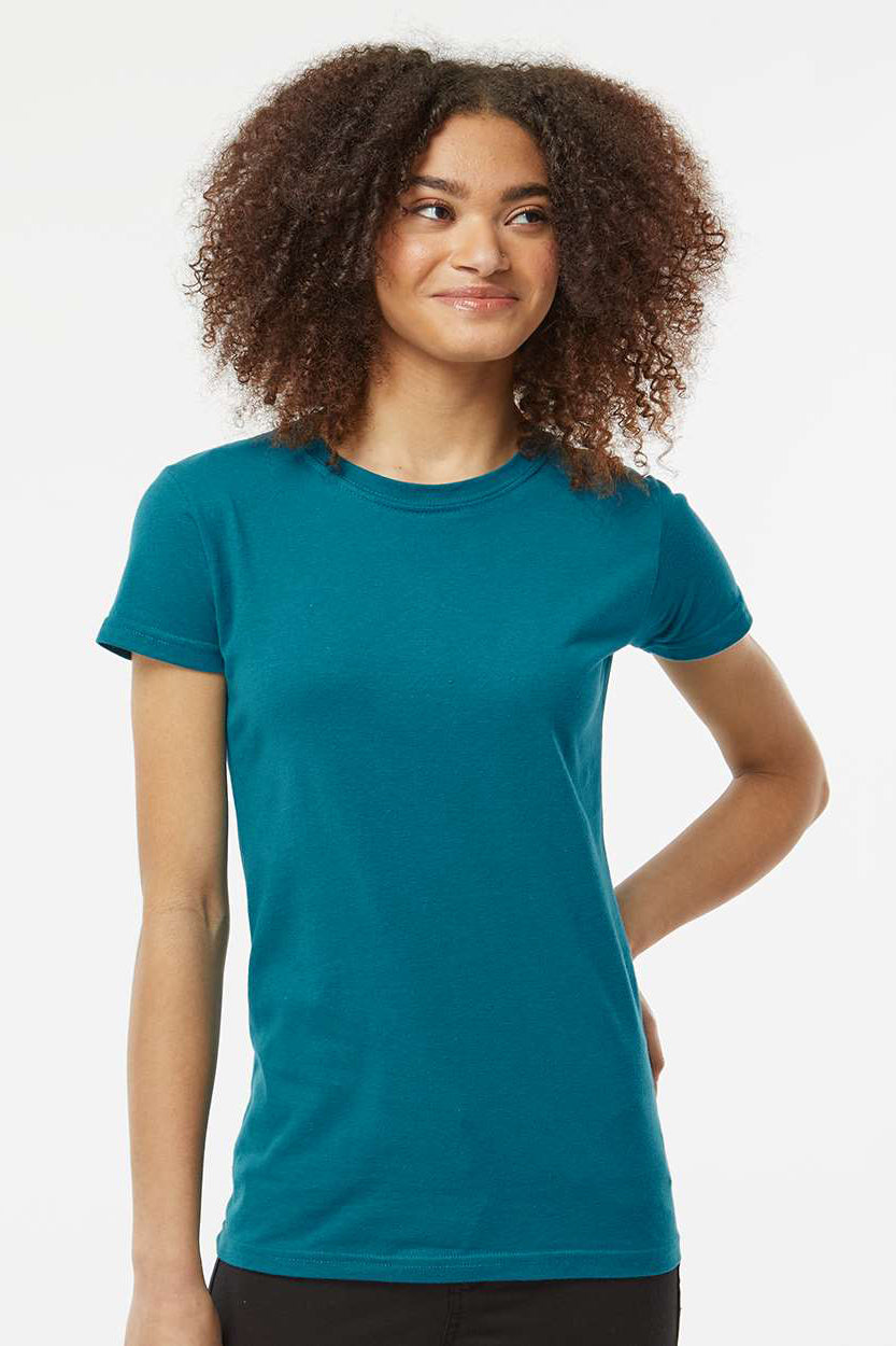 Tultex 213 Womens Fine Jersey Slim Fit Short Sleeve Crewneck T-Shirt Teal Blue Model Front