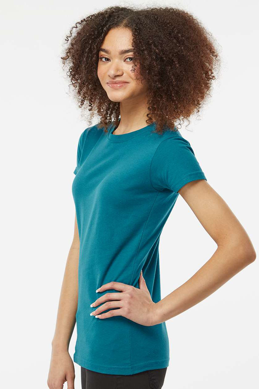 Tultex 213 Womens Fine Jersey Slim Fit Short Sleeve Crewneck T-Shirt Teal Blue Model Side
